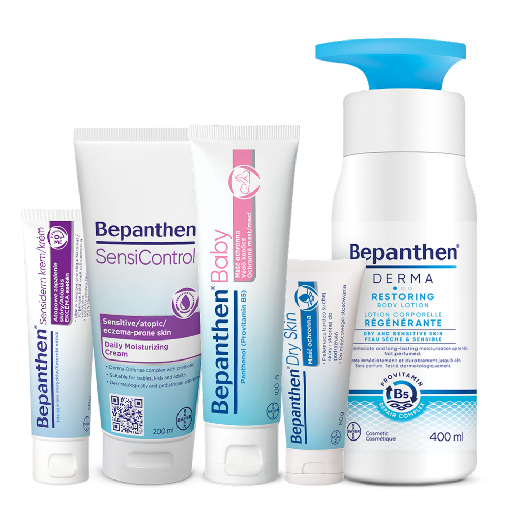 Opakowania Bepanthen Sensiderm Krem, Bepanthen Eye, Bepanthen Baby, Bepanthen Derm Krem